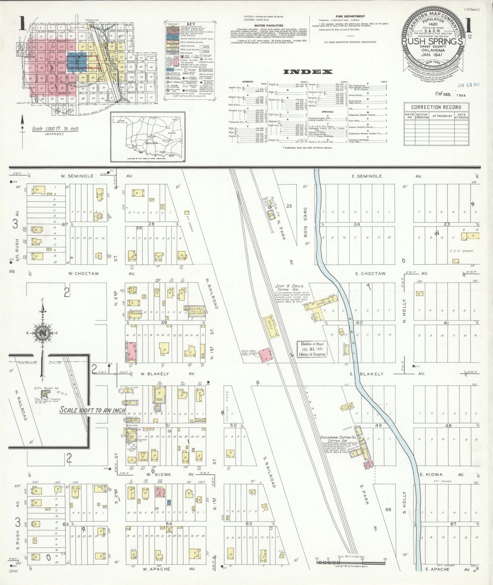Sanborn Fire Insurance Map from Rush Springs, Grady County, Oklahoma (1941), Sheet #0001 - Complete Map Set gallery image, historic Sanborn map, vintage wall art, Oklahoma Oklahoma