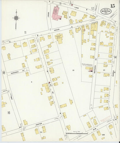Sanborn Fire Insurance Map from Webster, Worcester County, Massachusetts (1911), Sheet #0015 - Historic Sanborn Fire Insurance Map Print, vintage old map wall art, antique decor, genealogy gift, Massachusetts Massachusetts map