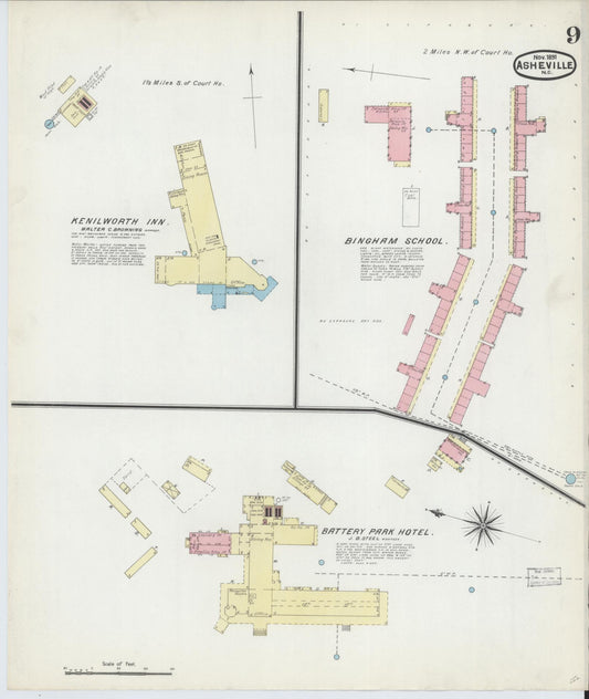 Sanborn Fire Insurance Map from Asheville, Buncombe County, North Carolina (1891), Sheet #0009 - Historic Sanborn Fire Insurance Map Print, vintage old map wall art, antique decor, genealogy gift, North Carolina North Carolina map