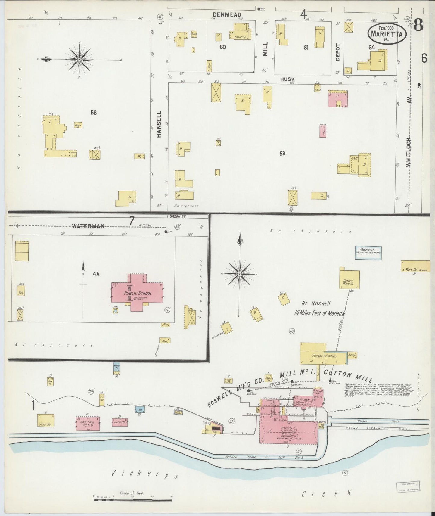 Sanborn Fire Insurance Map from Marietta, Cobb County, Georgia (1900), Sheet #0008 - Historic Sanborn Fire Insurance Map Print, vintage old map wall art, antique decor, genealogy gift, Georgia Georgia map