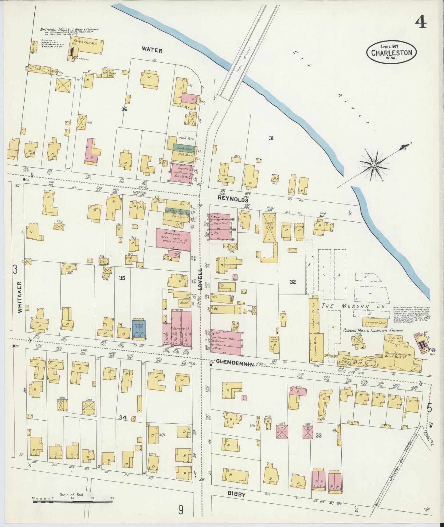 Sanborn Fire Insurance Map from Charleston, Kanawha County, West Virginia (1907), Sheet #0004 - Historic Sanborn Fire Insurance Map Print, vintage old map wall art, antique decor, genealogy gift, West Virginia West Virginia map