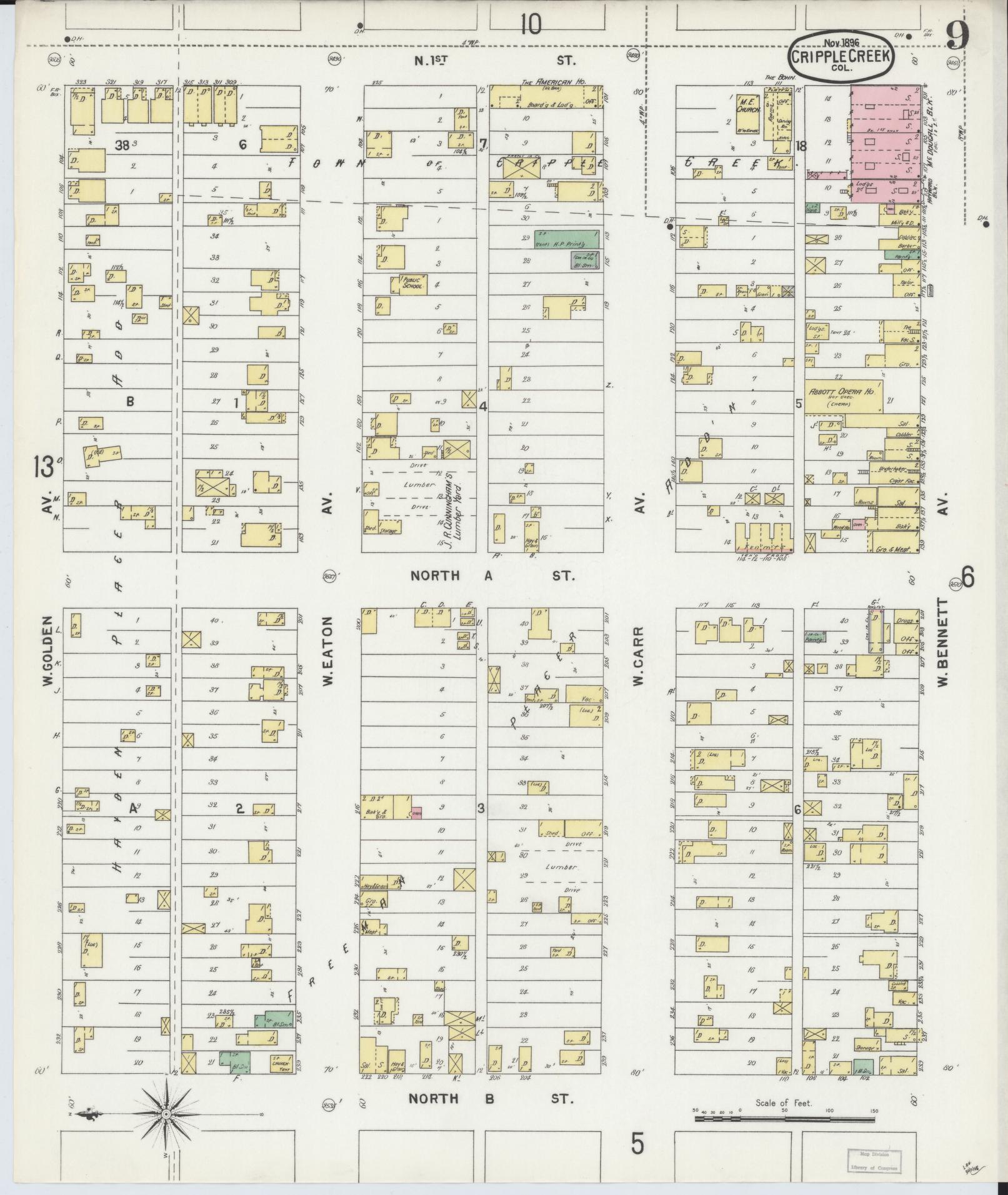 Sanborn Fire Insurance Map from Cripple Creek, Teller County, Colorado (1896), Sheet #0009 - Historic Sanborn Fire Insurance Map Print, vintage old map wall art, antique decor, genealogy gift, Colorado Colorado map