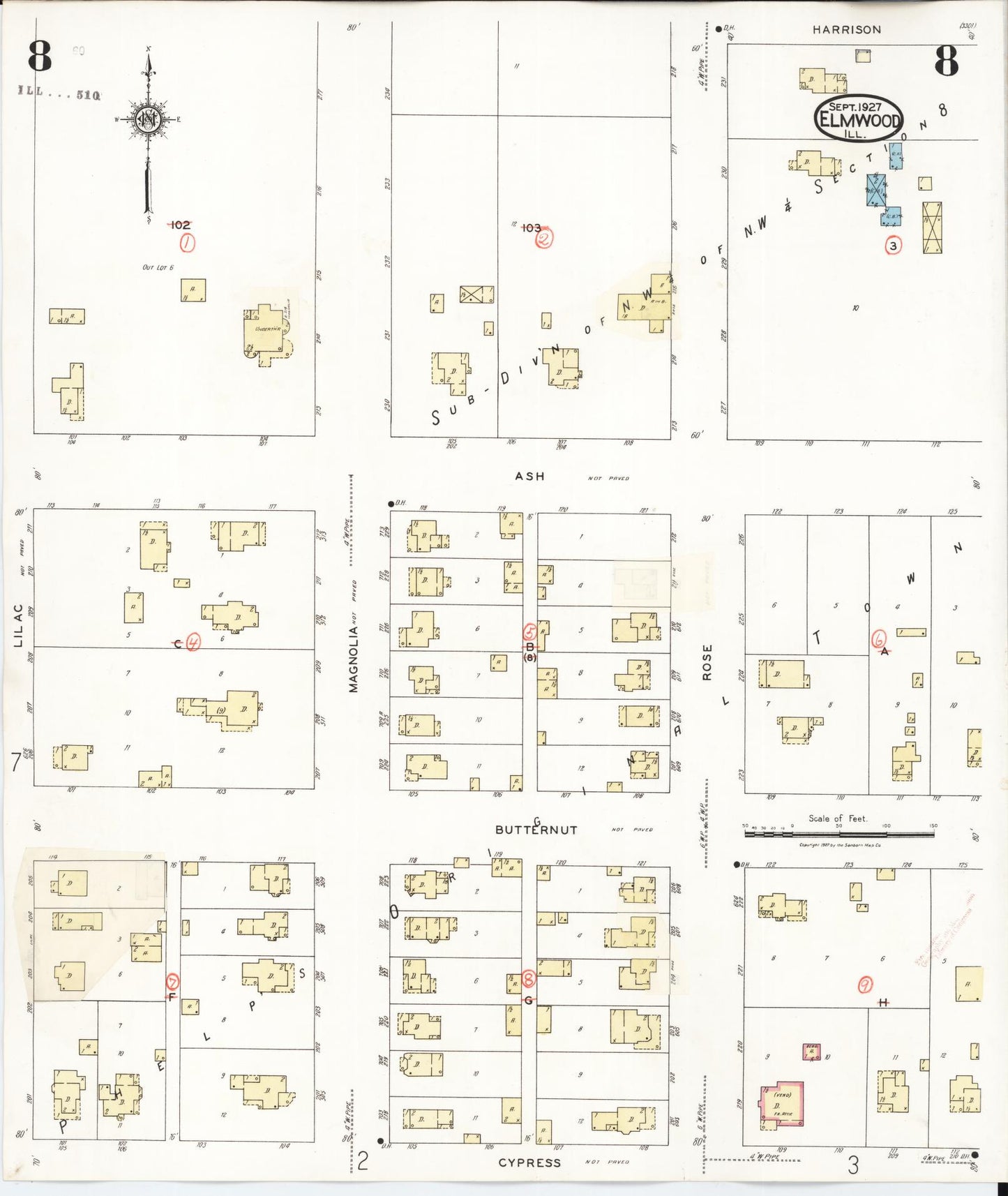 Sanborn Fire Insurance Map from Elmwood, Peoria County, Illinois (1944), Sheet #0008 - Complete Map Set gallery image, historic Sanborn map, vintage wall art, Illinois Illinois