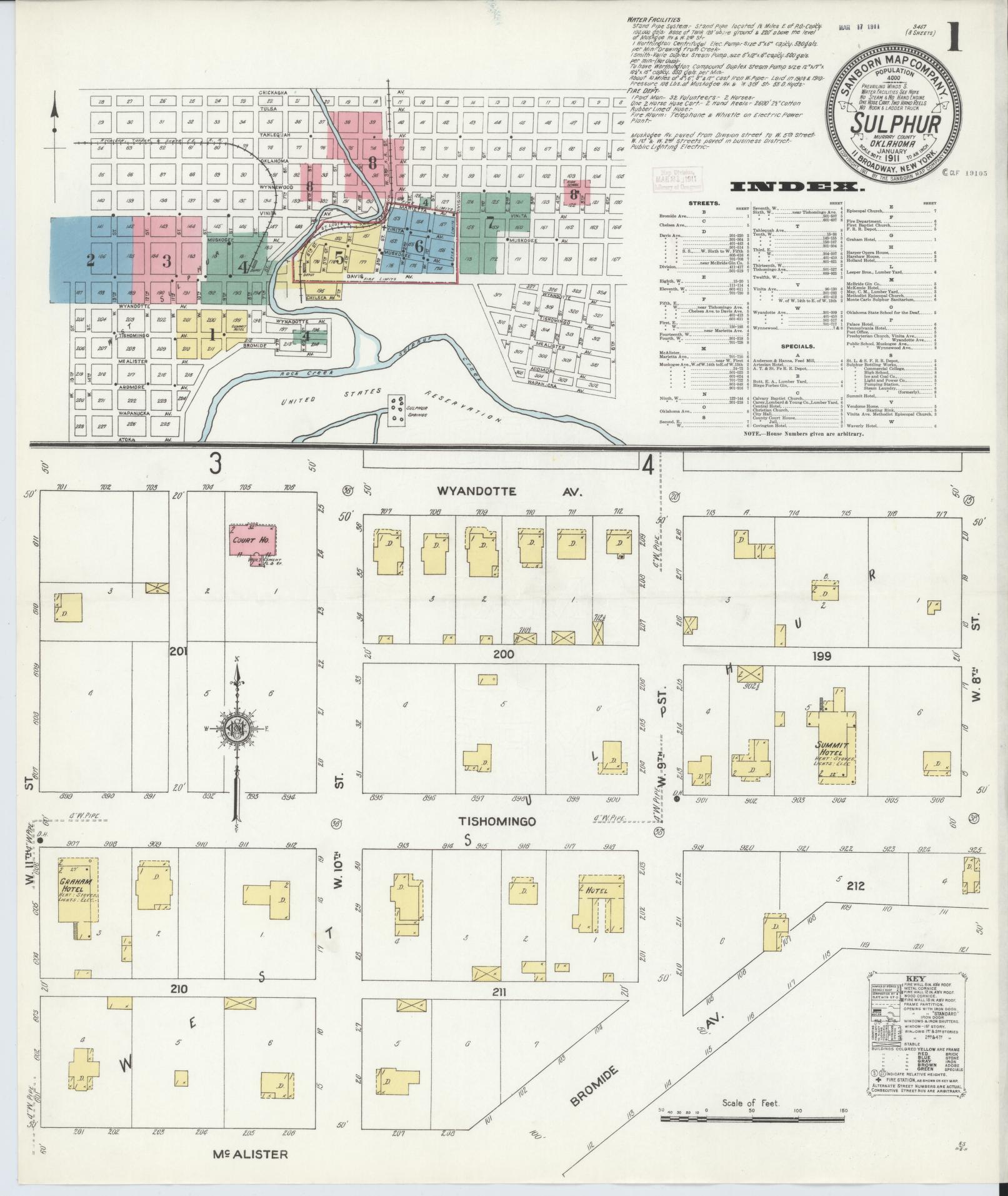 Sanborn Fire Insurance Map from Sulphur, Murray County, Oklahoma (1911), Sheet #0001 - Historic Sanborn Fire Insurance Map Print, vintage old map wall art, antique decor, genealogy gift, Oklahoma Oklahoma map