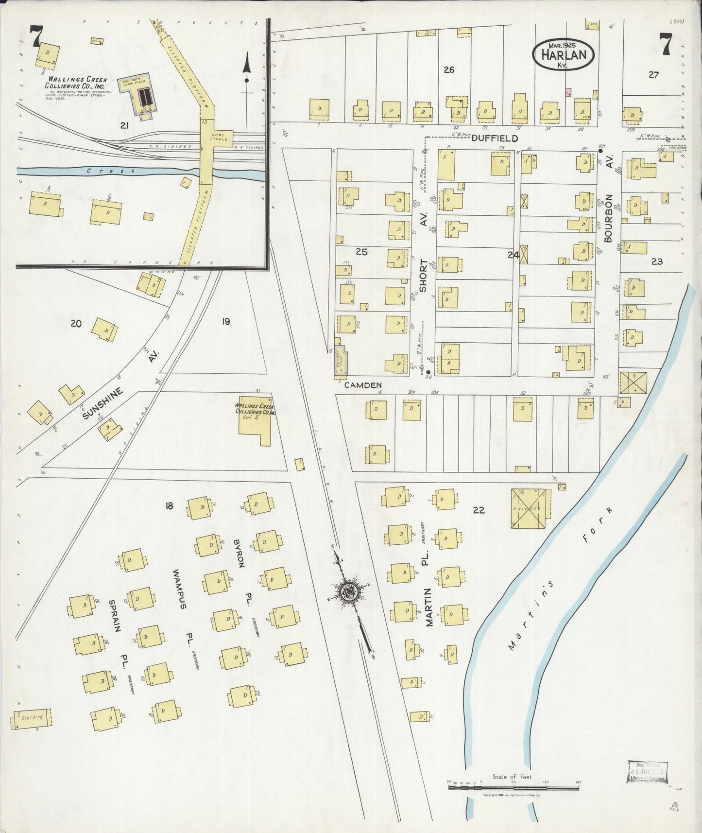 Sanborn Fire Insurance Map from Harlan, Harlan County, Kentucky (1925), Sheet #0007 - Historic Sanborn Fire Insurance Map Print, vintage old map wall art, antique decor, genealogy gift, Kentucky Kentucky map