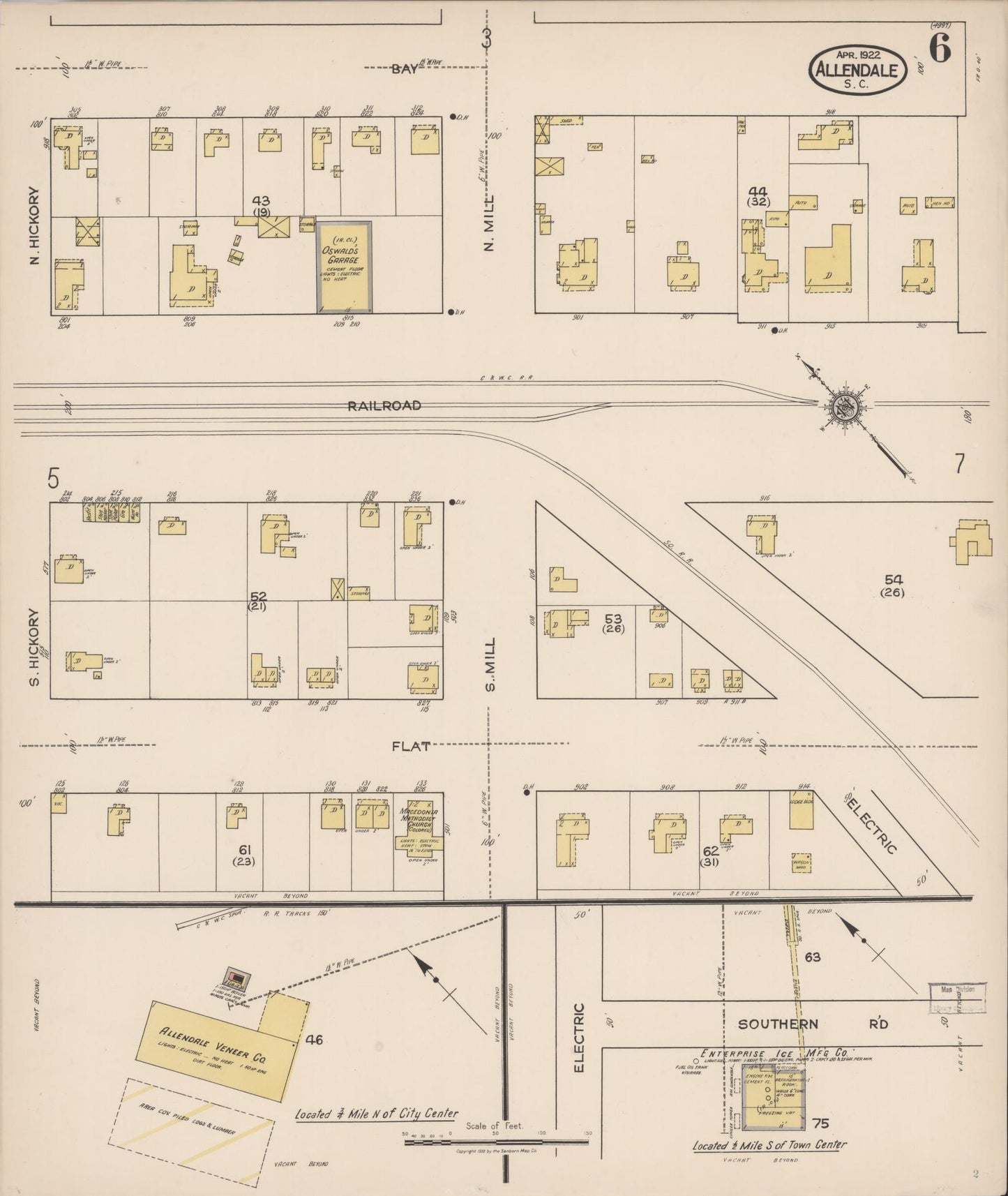 Sanborn Fire Insurance Map from Allendale, Allendale County, South Carolina (1922), Sheet #0006 - Historic Sanborn Fire Insurance Map Print, vintage old map wall art, antique decor, genealogy gift, South Carolina South Carolina map