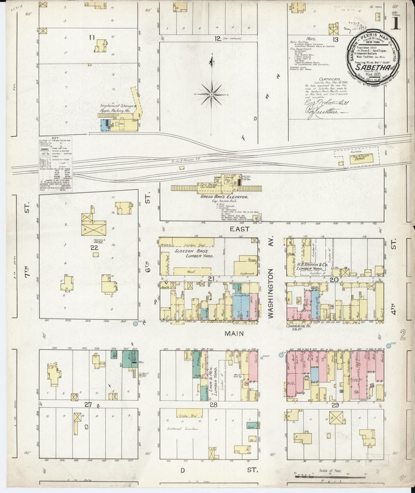 Sanborn Fire Insurance Map from Sabetha, Nemaha County, Kansas (1893), Sheet #0001 - Historic Sanborn Fire Insurance Map Print, vintage old map wall art, antique decor, genealogy gift, Kansas Kansas map