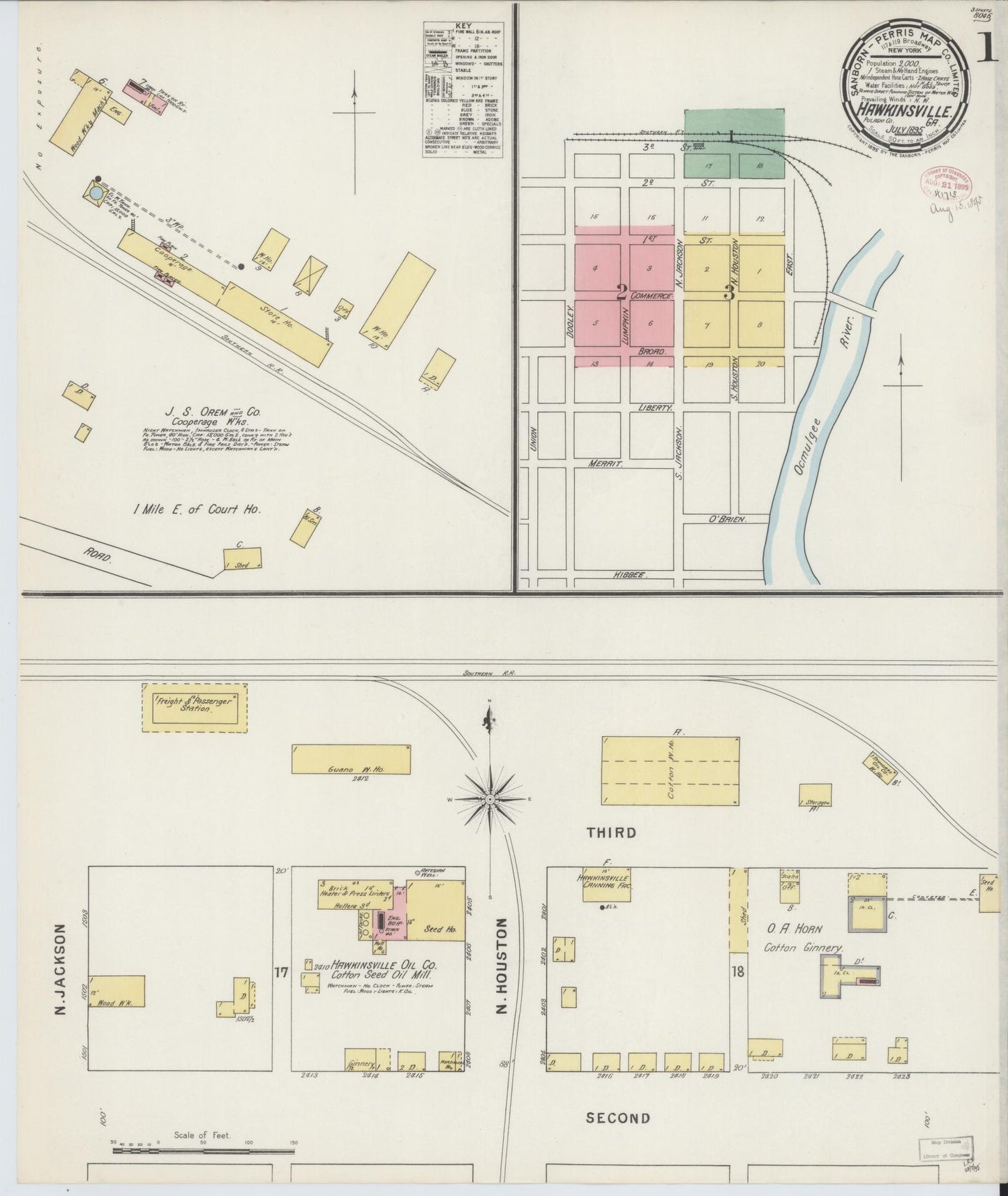 Sanborn Fire Insurance Map from Hawkinsville, Pulaski County, Georgia (1895), Sheet #0001 - Historic Sanborn Fire Insurance Map Print, vintage old map wall art, antique decor, genealogy gift, Georgia Georgia map