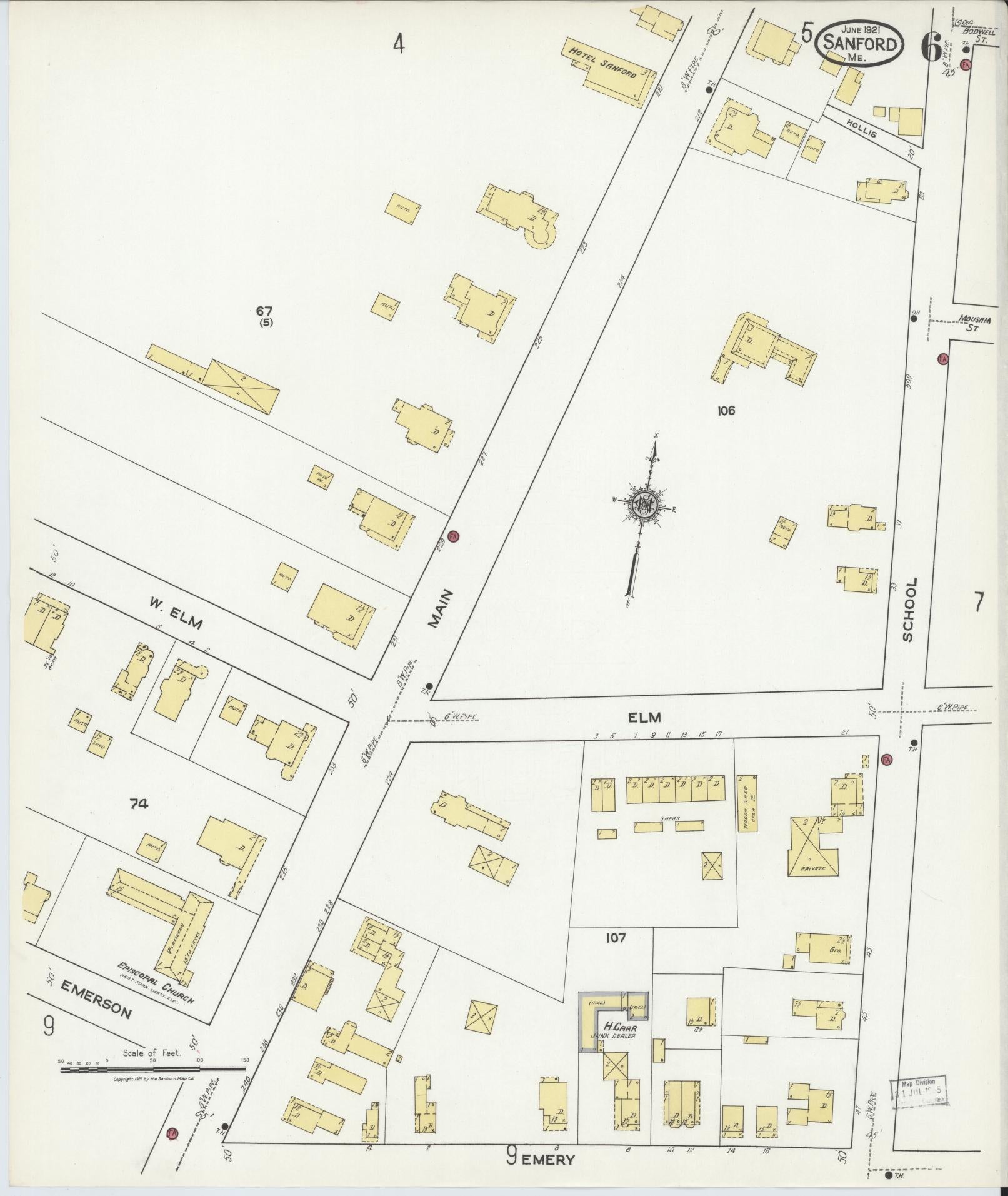 Sanborn Fire Insurance Map from Sanford, York County, Maine (1921), Sheet #0006 - Complete Map Set gallery image, historic Sanborn map, vintage wall art, Maine Maine