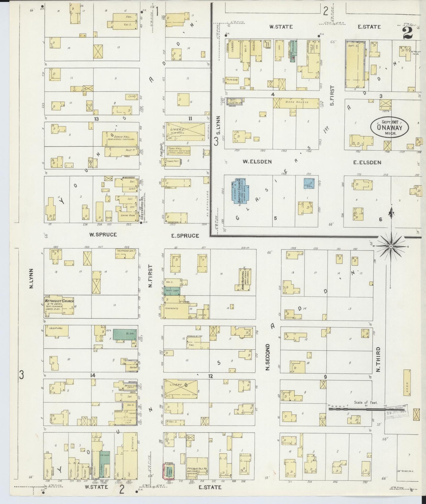 Sanborn Fire Insurance Map from Onaway, Presque Isle County, Michigan (1907), Sheet #0002 - Complete Map Set gallery image, historic Sanborn map, vintage wall art, Michigan Michigan