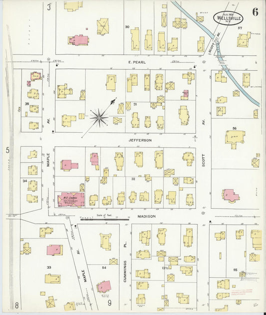 Sanborn Fire Insurance Map from Wellsville, Allegany County, New York (1909), Sheet #0006 - Historic Sanborn Fire Insurance Map Print, vintage old map wall art, antique decor, genealogy gift, New York New York map