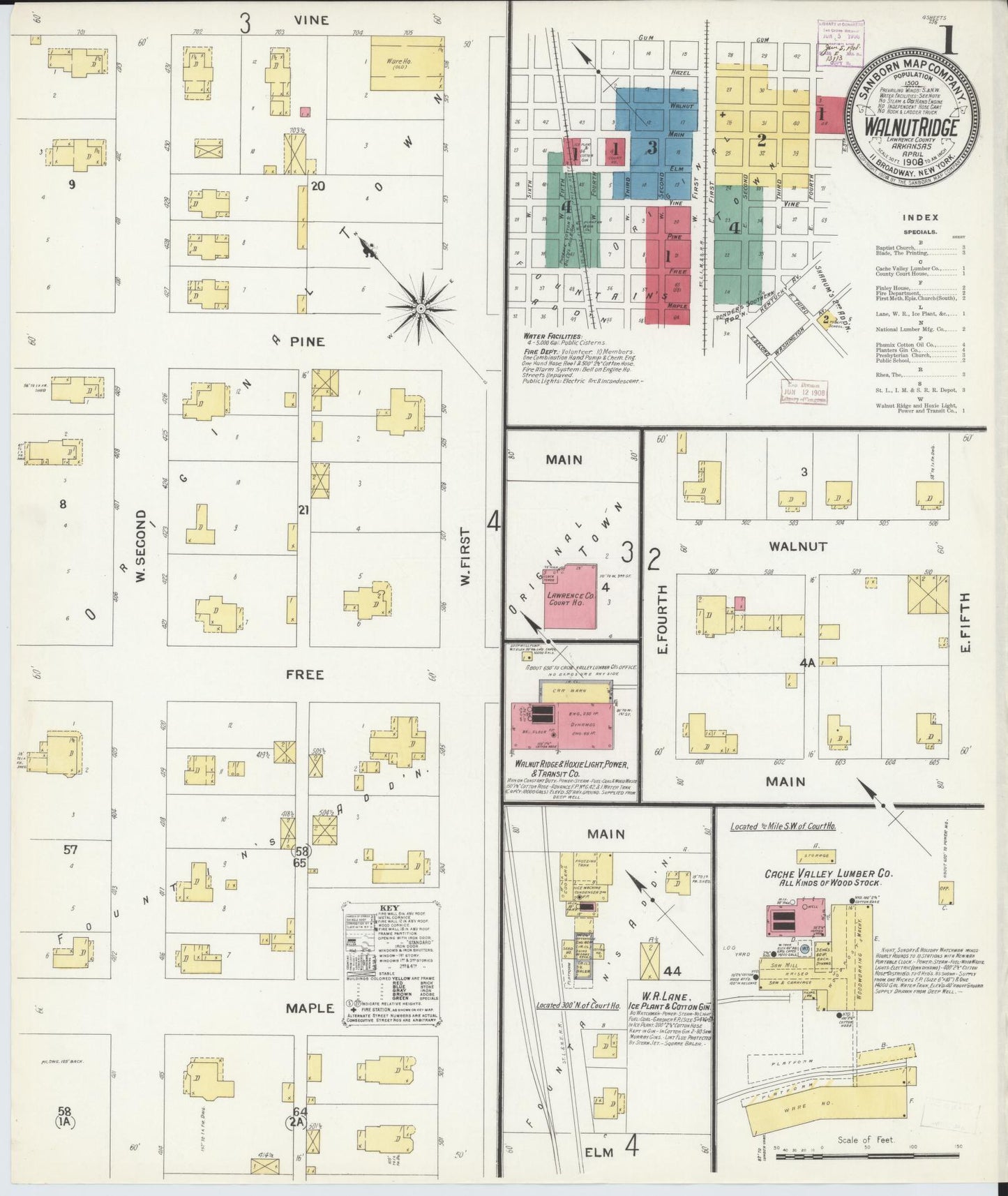 Sanborn Fire Insurance Map from Walnut Ridge, Lawrence County, Arkansas (1908), Sheet #0001 - Complete Map Set gallery image, historic Sanborn map, vintage wall art, Arkansas Arkansas