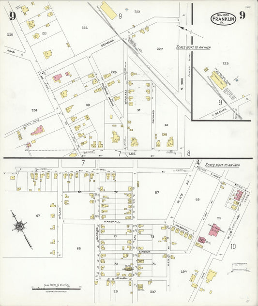 Sanborn Fire Insurance Map from Franklin, Independent Cities, Virginia (1923), Sheet #0009 - Historic Sanborn Fire Insurance Map Print, vintage old map wall art, antique decor, genealogy gift, Virginia Virginia map