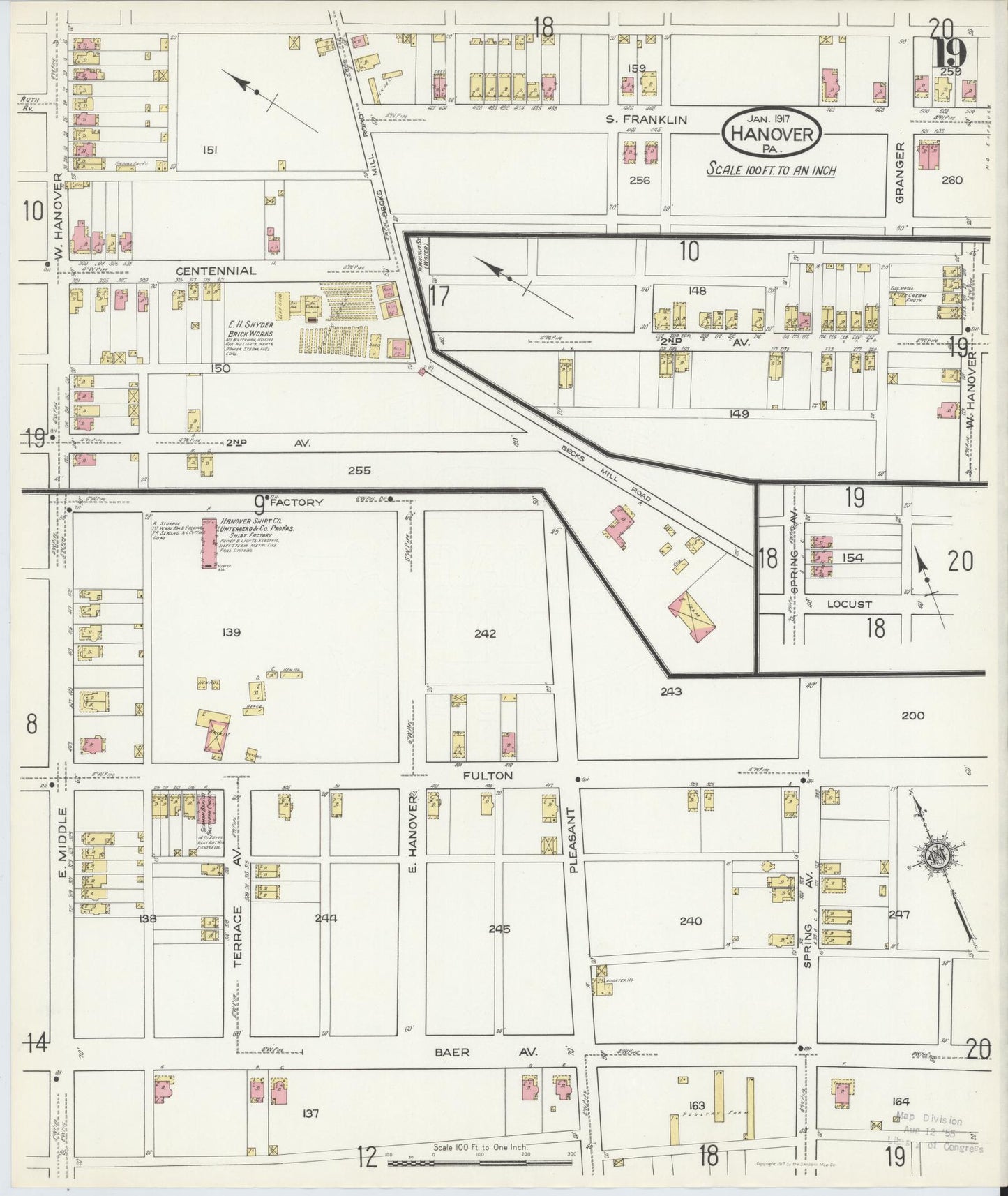 Sanborn Fire Insurance Map from Hanover, York County, Pennsylvania (1917), Sheet #0019 - Historic Sanborn Fire Insurance Map Print, vintage old map wall art, antique decor, genealogy gift, Pennsylvania Pennsylvania map