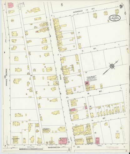 Sanborn Fire Insurance Map from Laurel, Prince Georges County, Maryland (1914), Sheet #0009 - Complete Map Set gallery image, historic Sanborn map, vintage wall art, Maryland Maryland