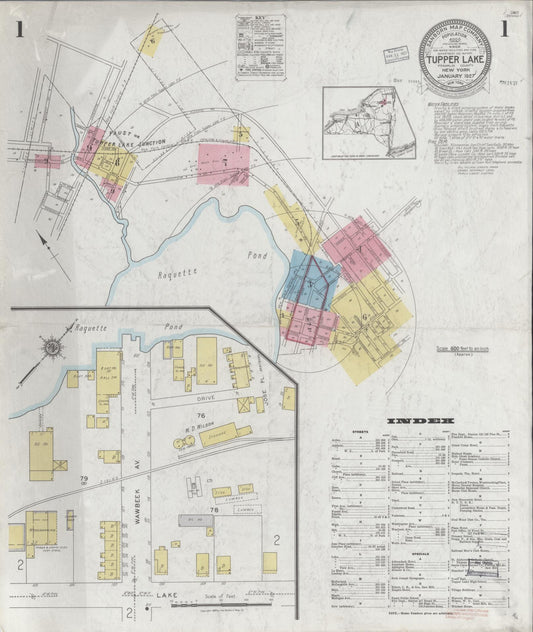Sanborn Fire Insurance Map from Tupper Lake, Franklin County, New York (1927), Sheet #0001 - Historic Sanborn Fire Insurance Map Print, vintage old map wall art, antique decor, genealogy gift, New York New York map