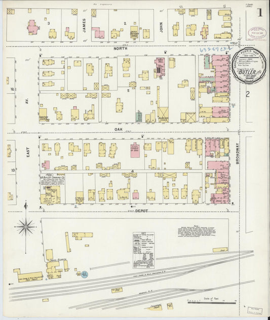 Sanborn Fire Insurance Map from Butler, De Kalb County, Indiana (1897), Sheet #0001 - Historic Sanborn Fire Insurance Map Print, vintage old map wall art, antique decor, genealogy gift, Indiana Indiana map