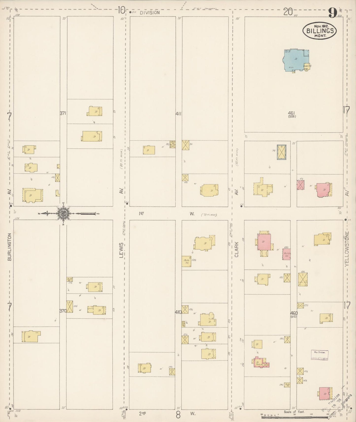 Sanborn Fire Insurance Map from Billings, Yellowstone County, Montana (1912), Sheet #0009 - Complete Map Set gallery image, historic Sanborn map, vintage wall art, Montana Montana