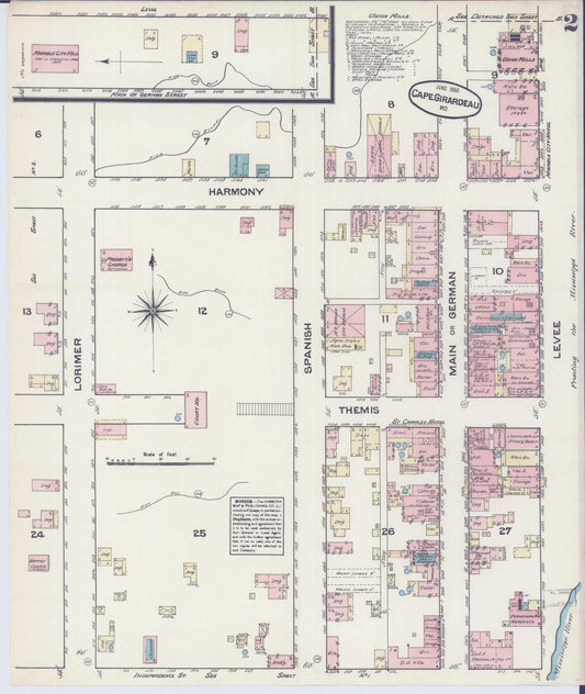 Sanborn Fire Insurance Map from Cape Girardeau, Cape Girardeau County, Missouri (1884), Sheet #0002 - Historic Sanborn Fire Insurance Map Print, vintage old map wall art, antique decor, genealogy gift, Missouri Missouri map
