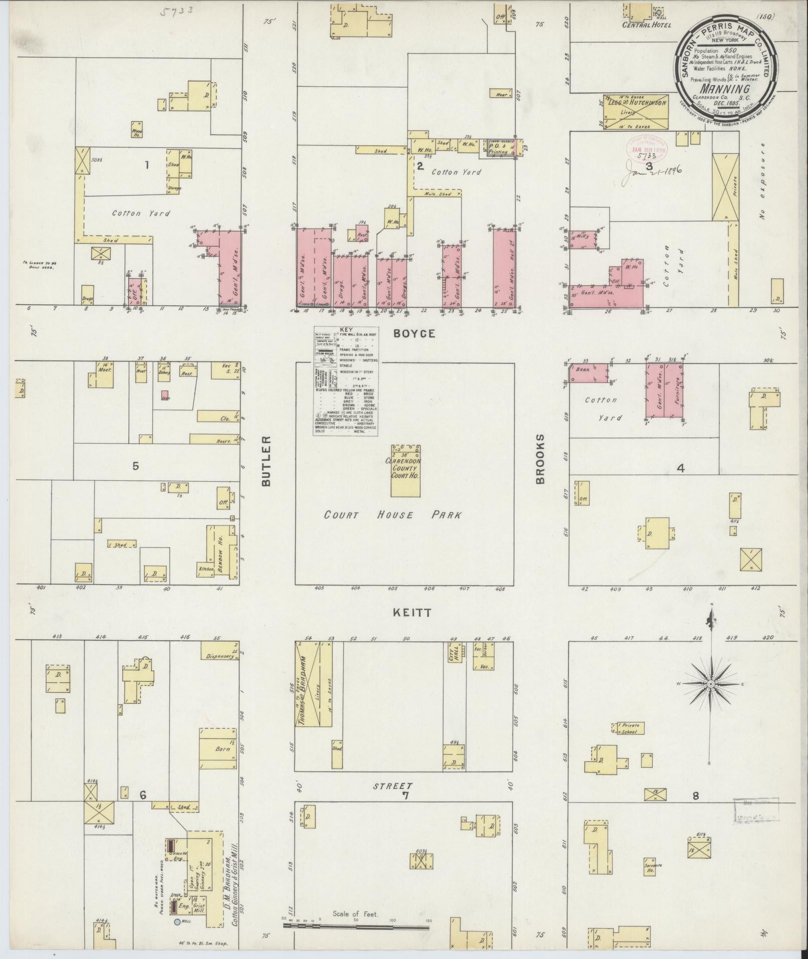 Sanborn Fire Insurance Map from Manning, Clarendon County, South Carolina (1895), Sheet #0001 - Historic Sanborn Fire Insurance Map Print, vintage old map wall art, antique decor, genealogy gift, South Carolina South Carolina map