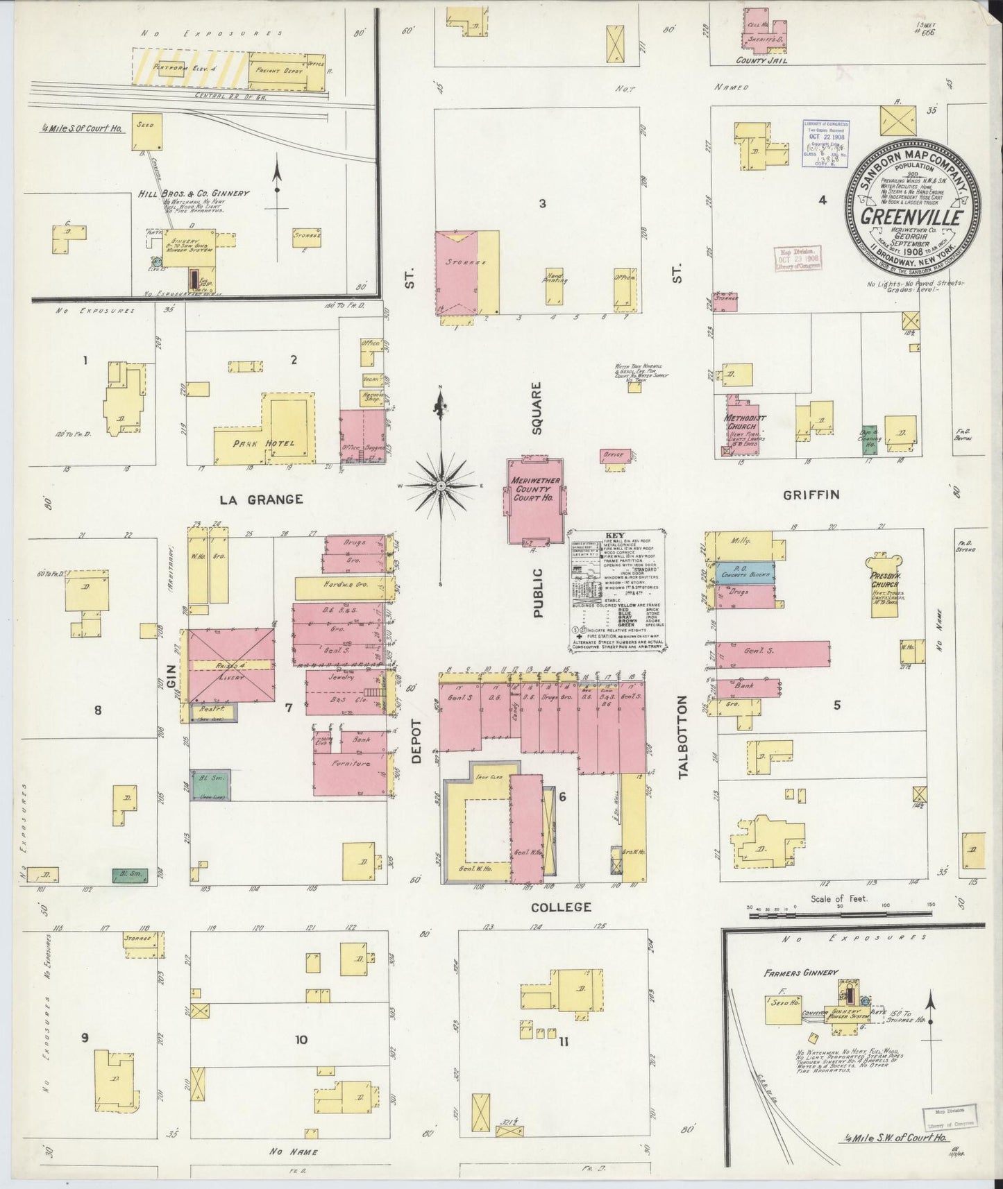 Sanborn Fire Insurance Map from Greenville, Meriweather County, Georgia (1908), Sheet #0001 - Historic Sanborn Fire Insurance Map Print, vintage old map wall art, antique decor, genealogy gift, Georgia Georgia map