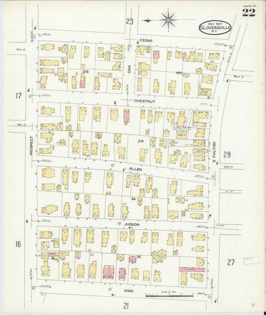 Sanborn Fire Insurance Map from Gloversville, Fulton County, New York (1907), Sheet #0022 - Historic Sanborn Fire Insurance Map Print, vintage old map wall art, antique decor, genealogy gift, New York New York map