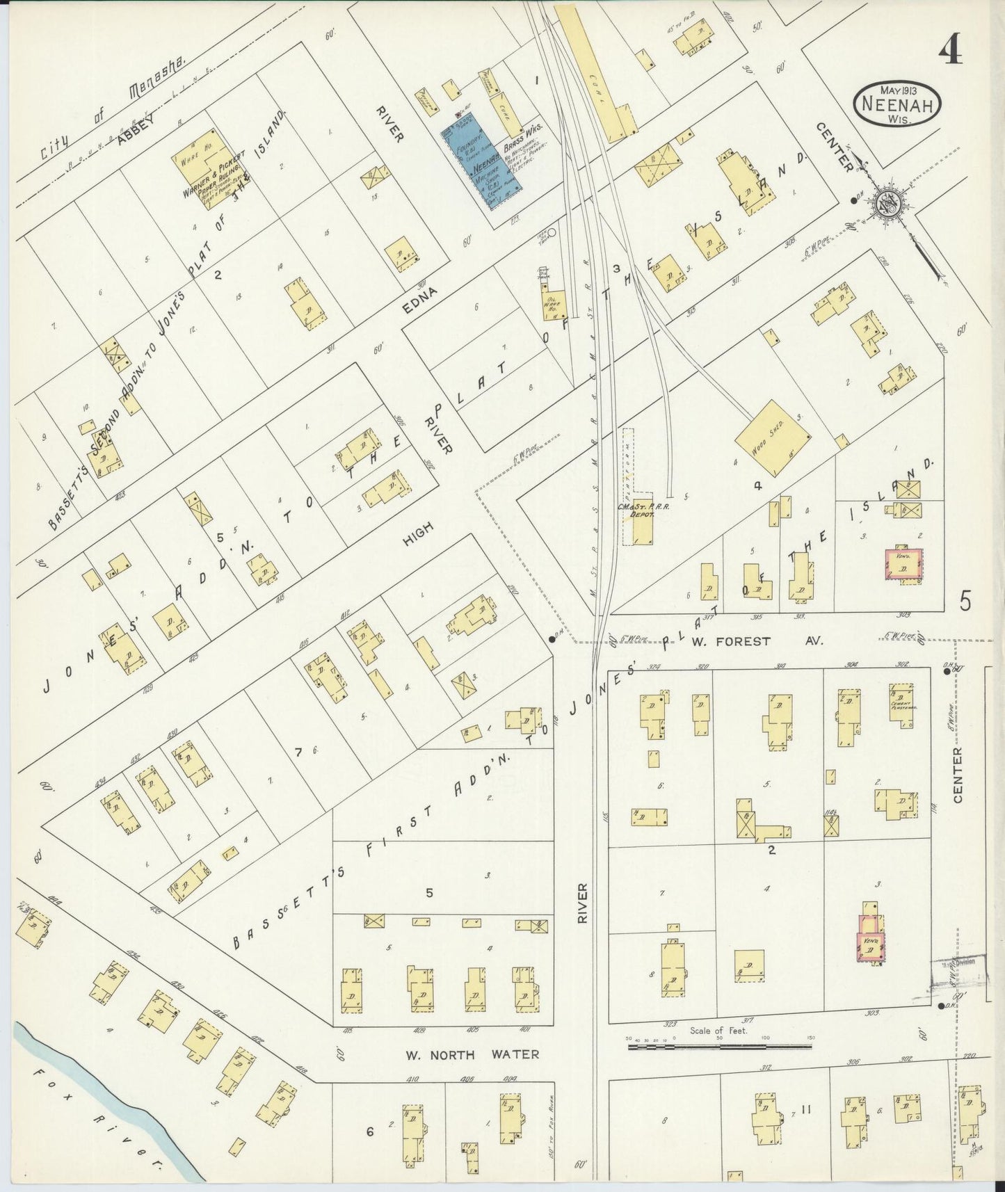 Sanborn Fire Insurance Map from Neenah, Winnebago County, Wisconsin (1913), Sheet #0004 - Complete Map Set gallery image, historic Sanborn map, vintage wall art, Wisconsin Wisconsin