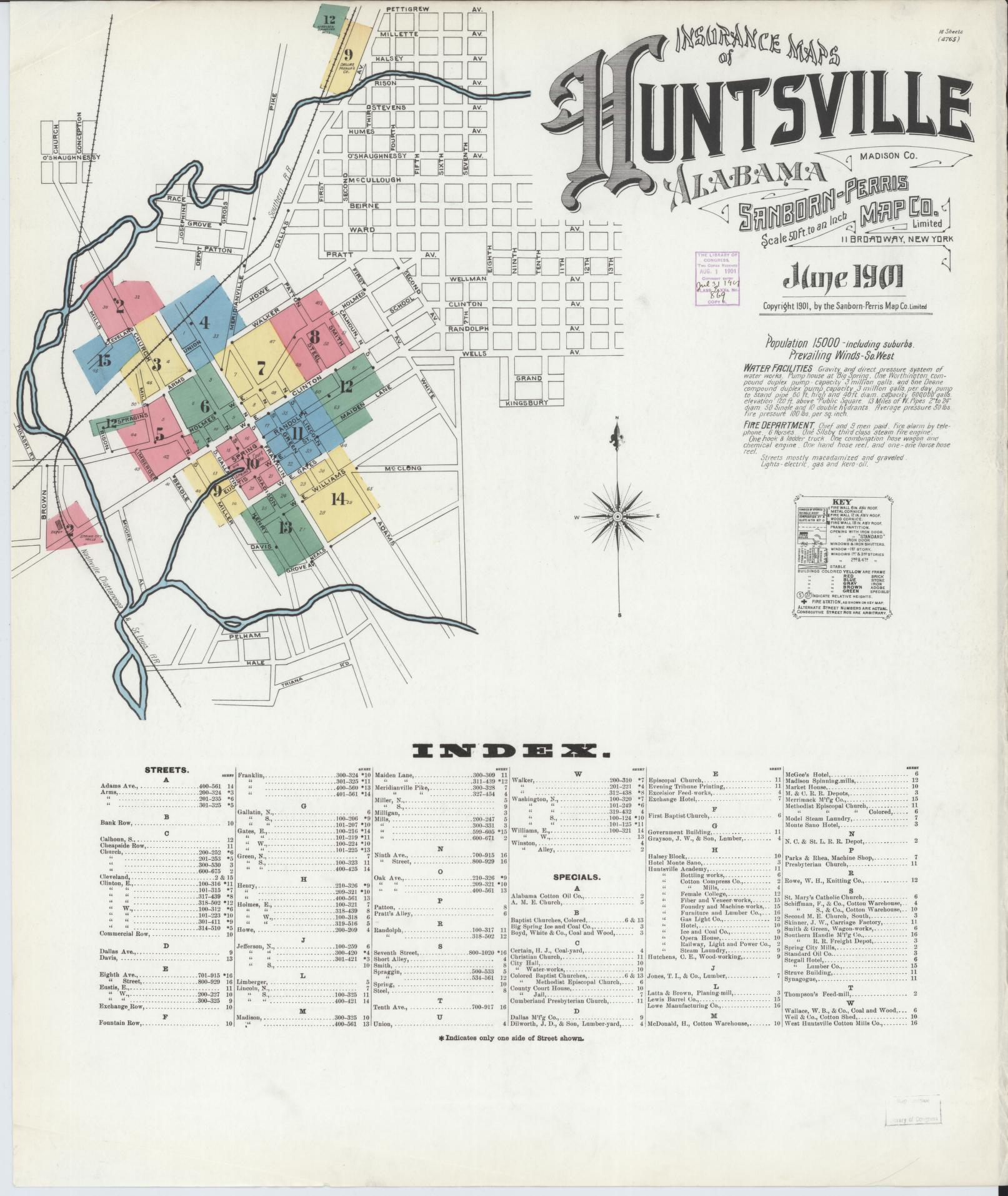 Sanborn Fire Insurance Map from Huntsville, Madison County, Alabama (1901), Sheet #0001 - Complete Map Set gallery image, historic Sanborn map, vintage wall art, Alabama Alabama