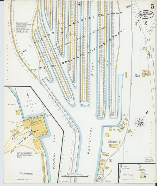 Sanborn Fire Insurance Map from Manistique, Schoolcraft County, Michigan (1900), Sheet #0005 - Historic Sanborn Fire Insurance Map Print, vintage old map wall art, antique decor, genealogy gift, Michigan Michigan map