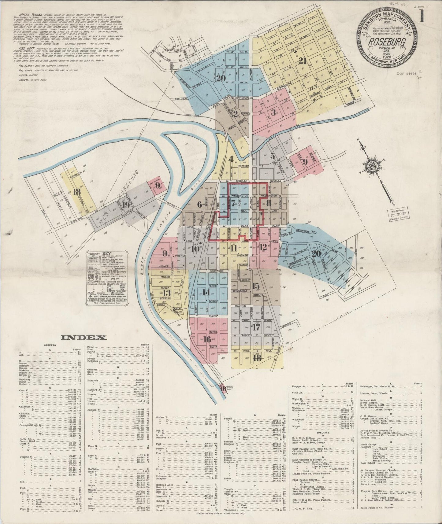 Sanborn Fire Insurance Map from Roseburg, Douglas County, Oregon (1920), Sheet #0001 - Historic Sanborn Fire Insurance Map Print, vintage old map wall art, antique decor, genealogy gift, Oregon Oregon map