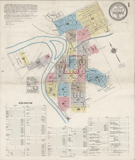 Sanborn Fire Insurance Map from Roseburg, Douglas County, Oregon (1920), Sheet #0001 - Historic Sanborn Fire Insurance Map Print, vintage old map wall art, antique decor, genealogy gift, Oregon Oregon map