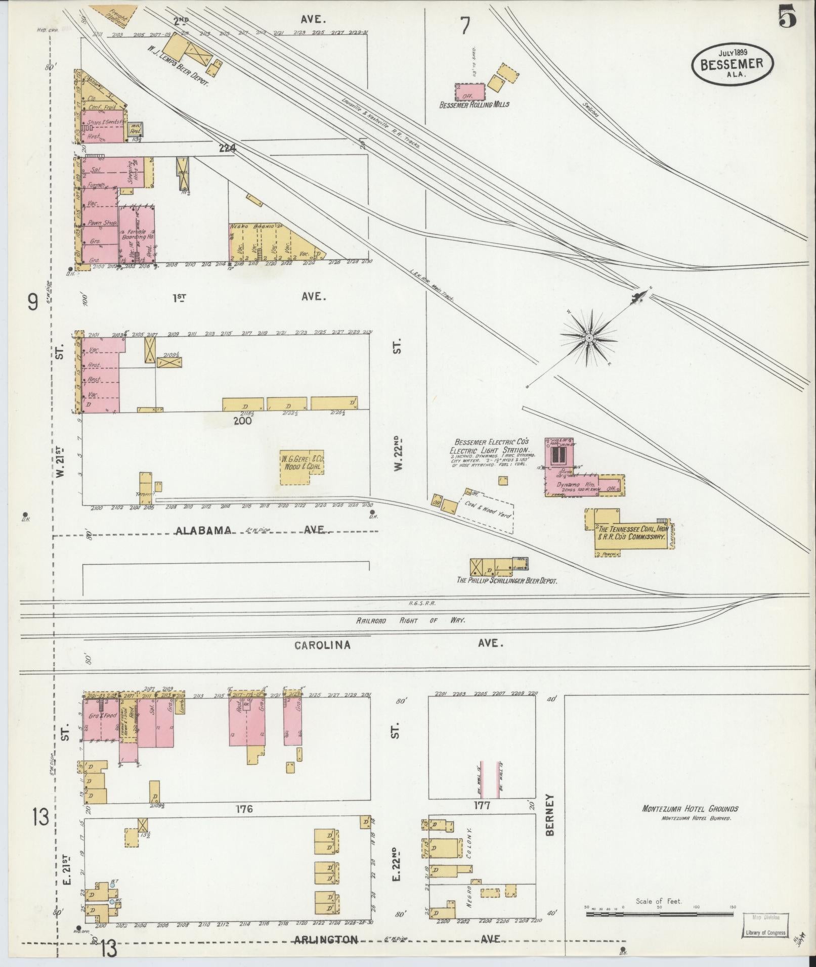 Sanborn Fire Insurance Map from Bessemer, Jefferson County, Alabama (1899), Sheet #0005 - Historic Sanborn Fire Insurance Map Print, vintage old map wall art, antique decor, genealogy gift, Alabama Alabama map