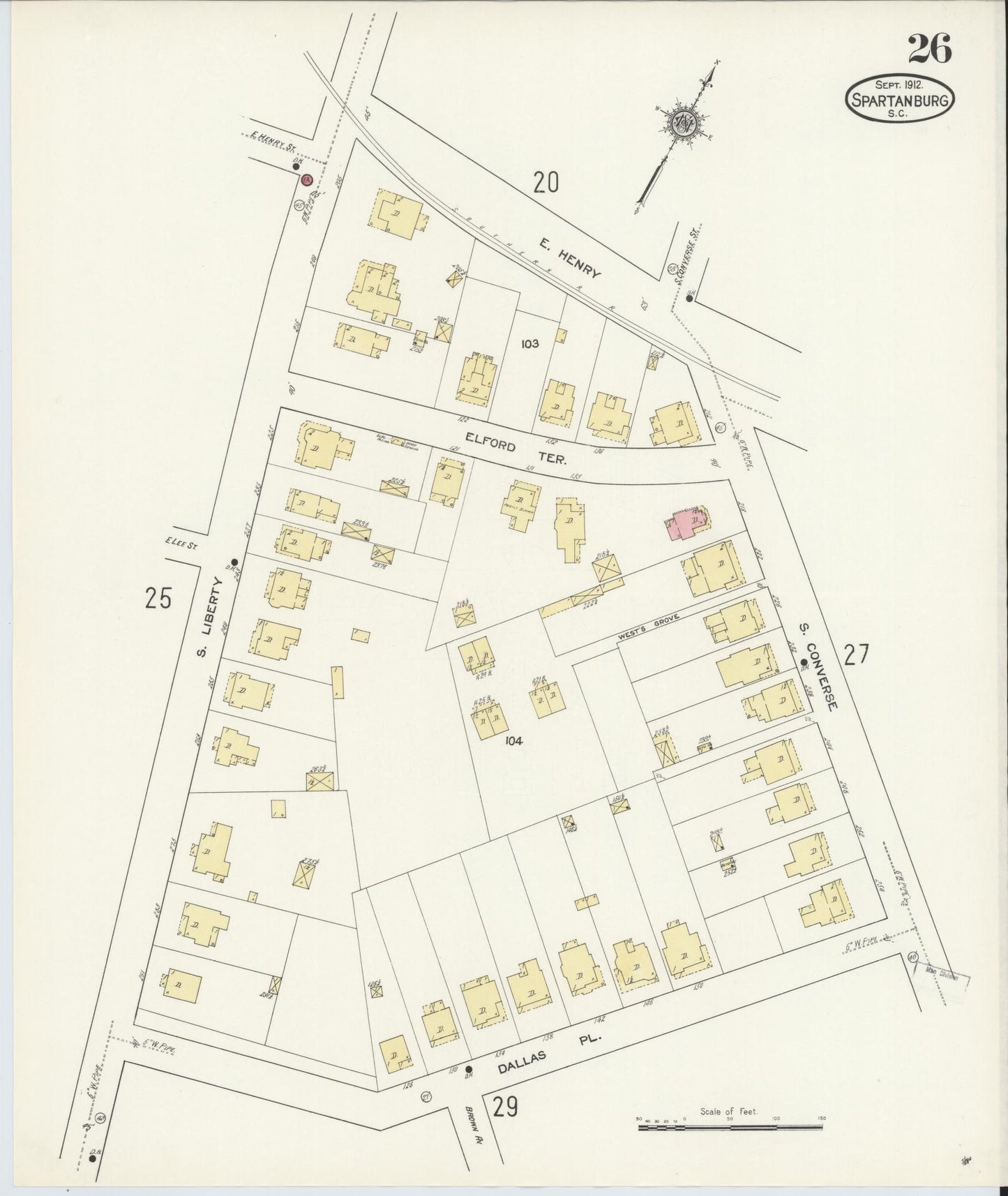 Sanborn Fire Insurance Map from Spartanburg, Spartanburg County, South Carolina (1912), Sheet #0026 - Complete Map Set gallery image, historic Sanborn map, vintage wall art, South Carolina South Carolina