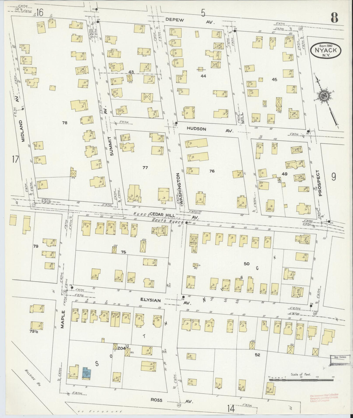 Sanborn Fire Insurance Map from Nyack, Rockland County, New York (1910), Sheet #0008 - Complete Map Set gallery image, historic Sanborn map, vintage wall art, New York New York