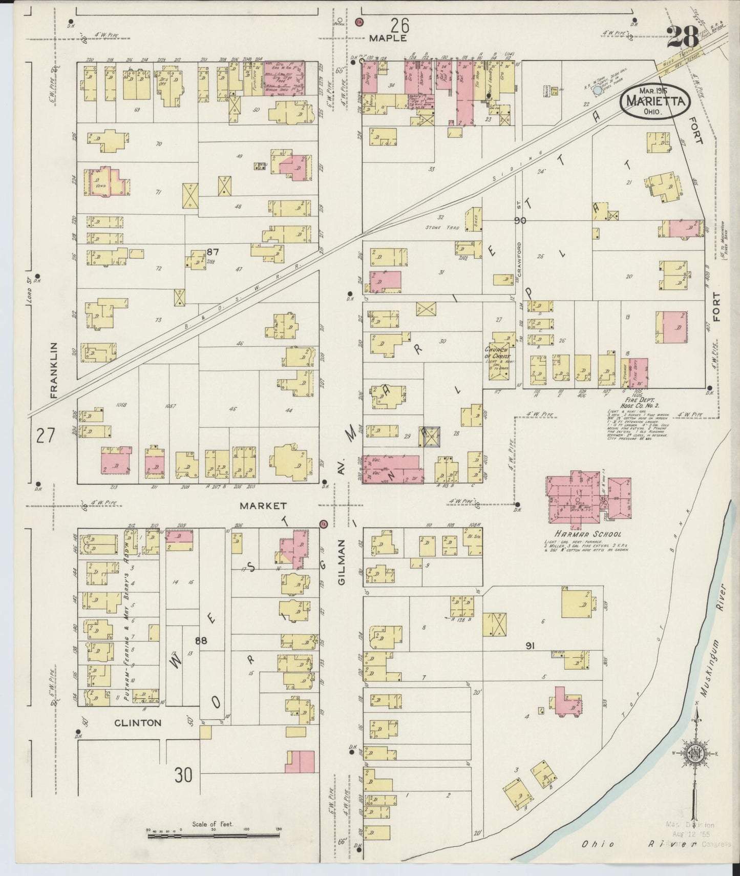 Sanborn Fire Insurance Map from Marietta, Washington County, Ohio (1915), Sheet #0028 - Historic Sanborn Fire Insurance Map Print, vintage old map wall art, antique decor, genealogy gift, Ohio Ohio map