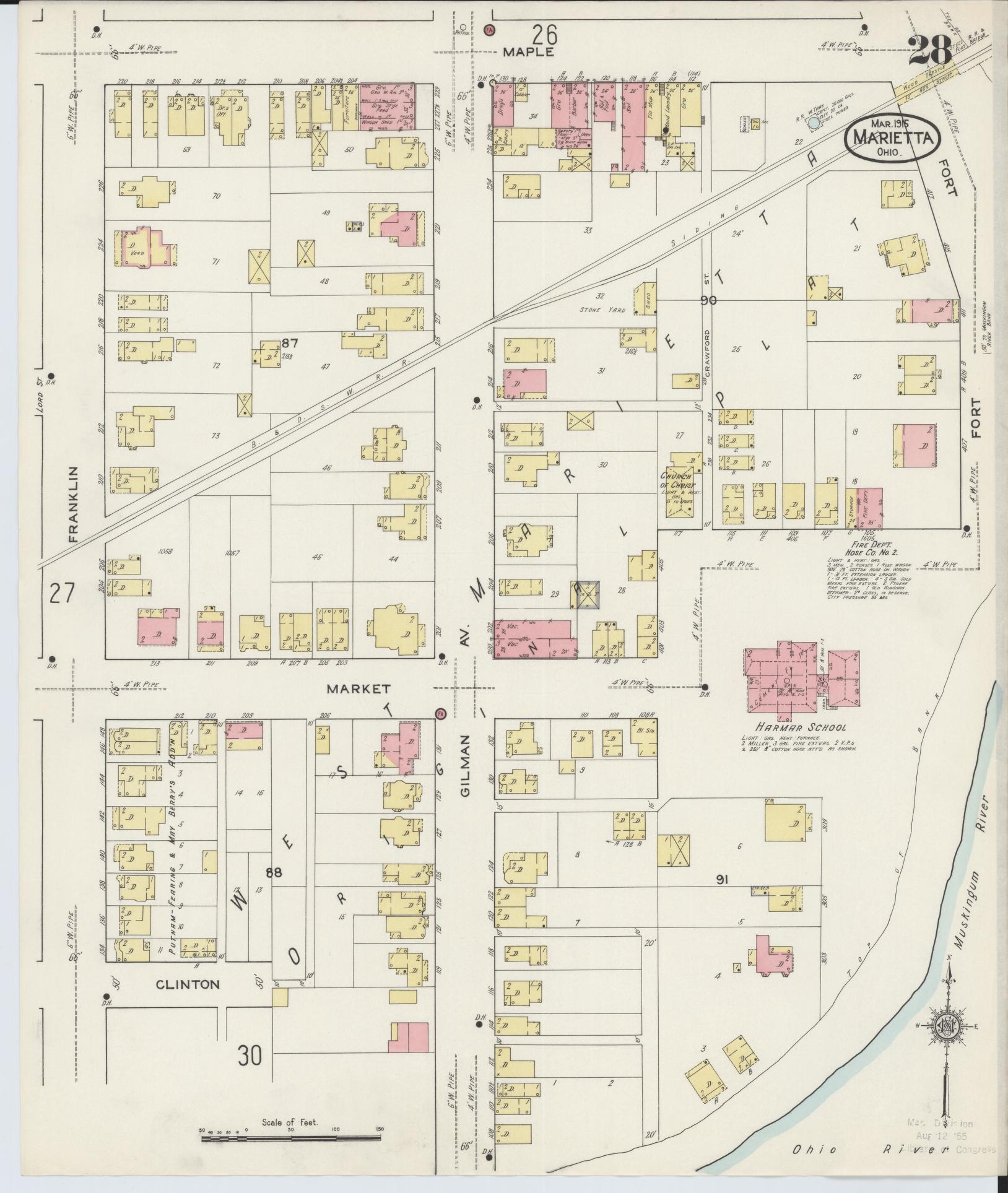 Sanborn Fire Insurance Map from Marietta, Washington County, Ohio (1915), Sheet #0028 - Historic Sanborn Fire Insurance Map Print, vintage old map wall art, antique decor, genealogy gift, Ohio Ohio map