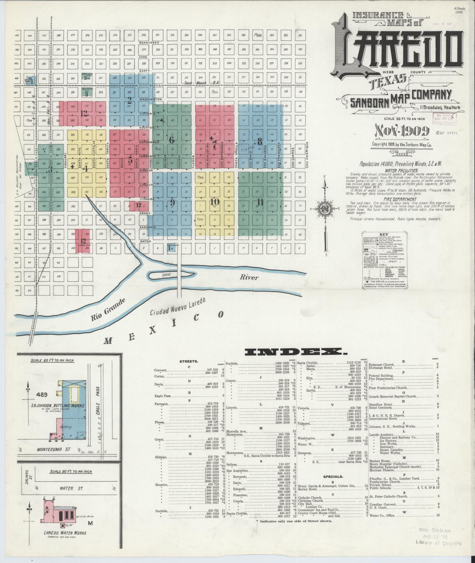 Sanborn Fire Insurance Map from Laredo, Webb County, Texas (1909), Sheet #0001 - Historic Sanborn Fire Insurance Map Print, vintage old map wall art, antique decor, genealogy gift, Texas Texas map