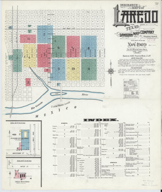 Sanborn Fire Insurance Map from Laredo, Webb County, Texas (1909), Sheet #0001 - Historic Sanborn Fire Insurance Map Print, vintage old map wall art, antique decor, genealogy gift, Texas Texas map