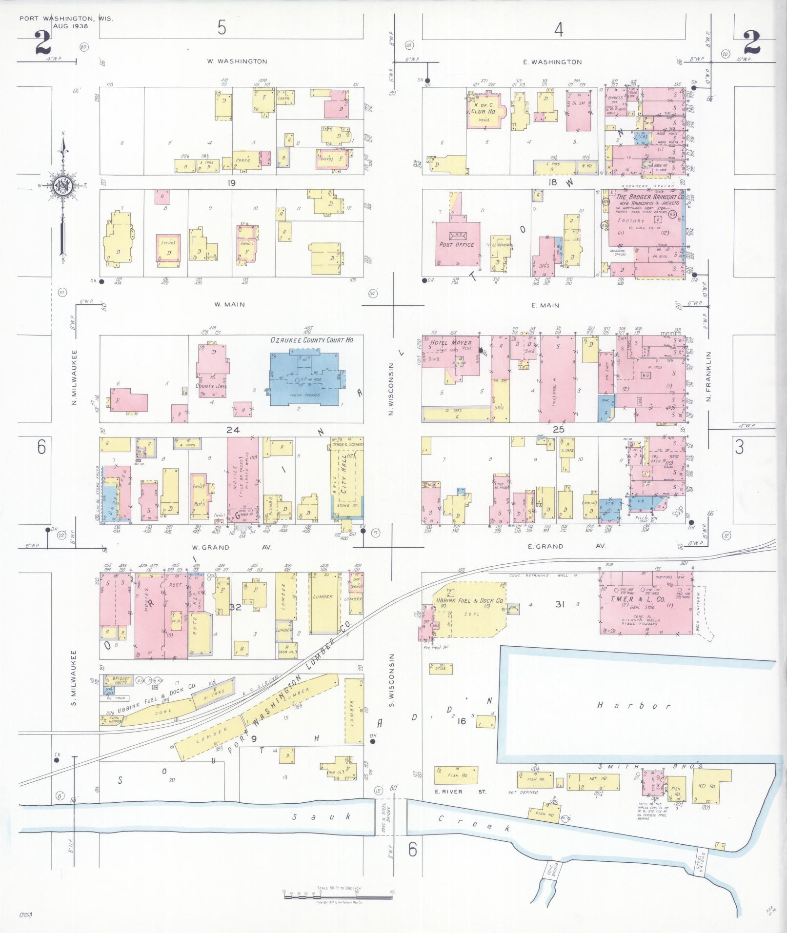 Sanborn Fire Insurance Map from Port Washington, Ozaukee County, Wisconsin (1938), Sheet #0002 - Historic Sanborn Fire Insurance Map Print, vintage old map wall art, antique decor, genealogy gift, Wisconsin Wisconsin map