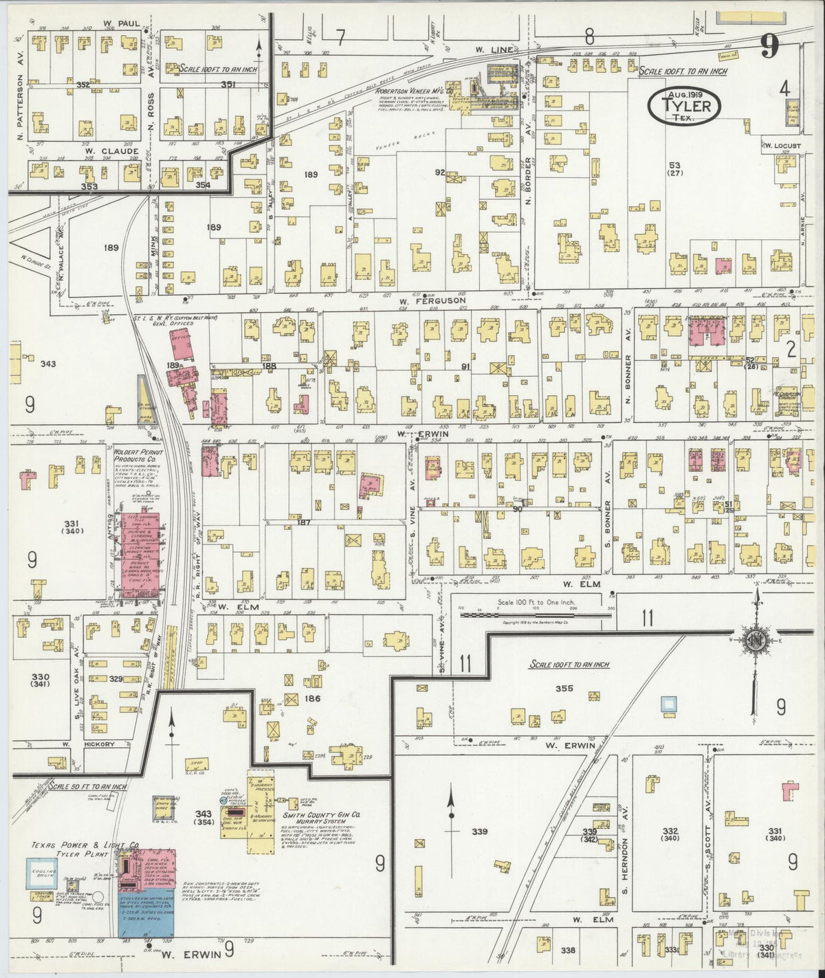 Sanborn Fire Insurance Map from Tyler, Smith County, Texas (1919), Sheet #0009 - Historic Sanborn Fire Insurance Map Print, vintage old map wall art, antique decor, genealogy gift, Texas Texas map