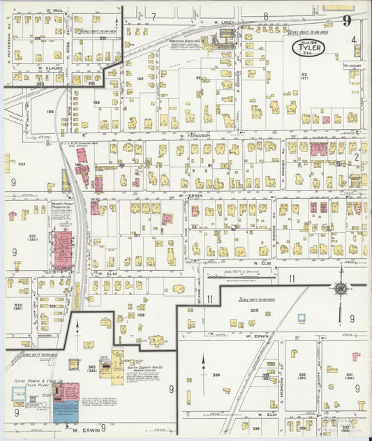 Sanborn Fire Insurance Map from Tyler, Smith County, Texas (1919), Sheet #0009 - Historic Sanborn Fire Insurance Map Print, vintage old map wall art, antique decor, genealogy gift, Texas Texas map