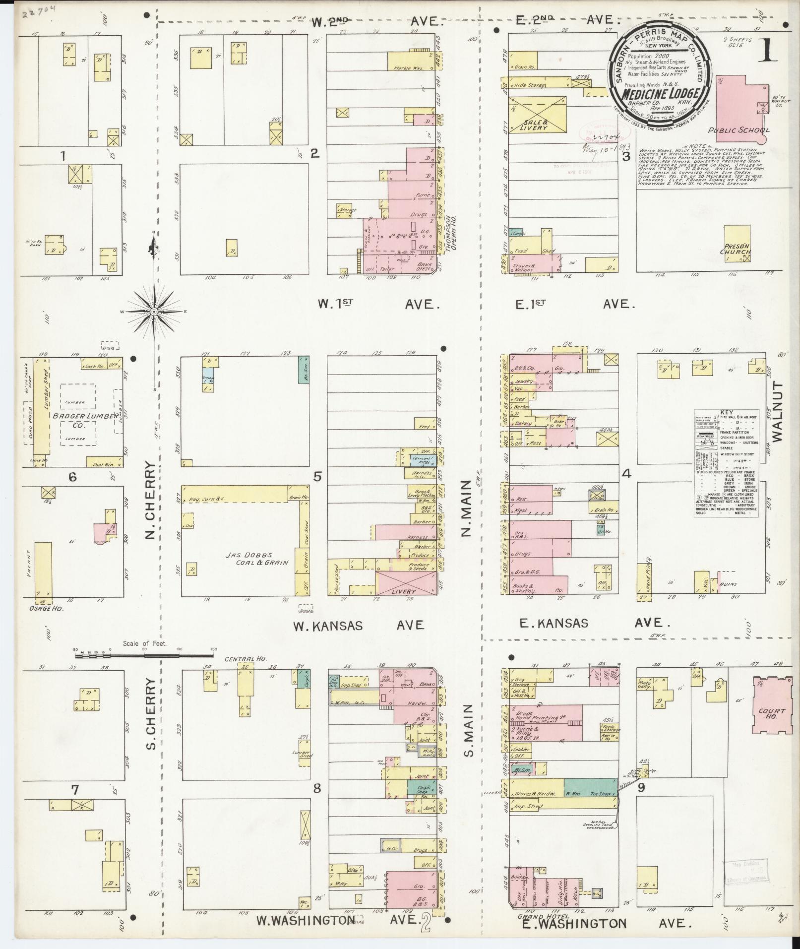 Sanborn Fire Insurance Map from Medicine Lodge, Barber County, Kansas (1893), Sheet #0001 - Complete Map Set gallery image, historic Sanborn map, vintage wall art, Kansas Kansas
