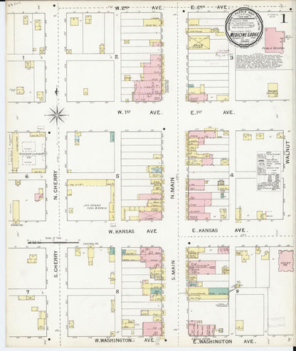 Sanborn Fire Insurance Map from Medicine Lodge, Barber County, Kansas (1893), Sheet #0001 - Complete Map Set gallery image, historic Sanborn map, vintage wall art, Kansas Kansas