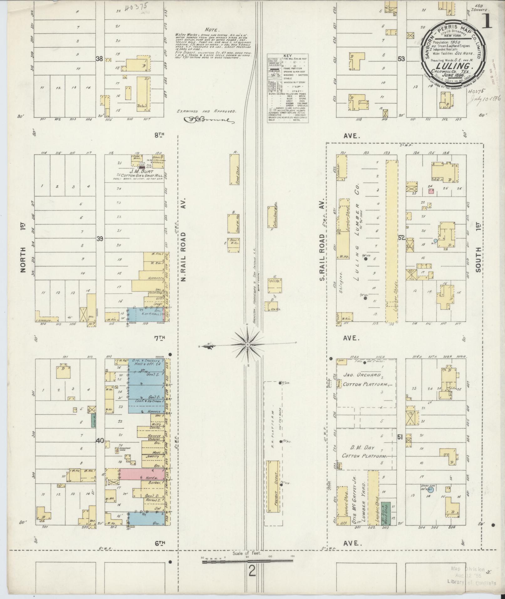 Sanborn Fire Insurance Map from Luling, Caldwell County, Texas (1896), Sheet #0001 - Historic Sanborn Fire Insurance Map Print, vintage old map wall art, antique decor, genealogy gift, Texas Texas map