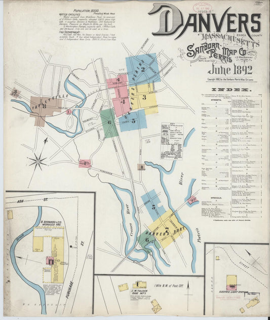 Sanborn Fire Insurance Map from Danvers, Essex County, Massachusetts (1892), Sheet #0001 - Complete Map Set gallery image, historic Sanborn map, vintage wall art, Massachusetts Massachusetts