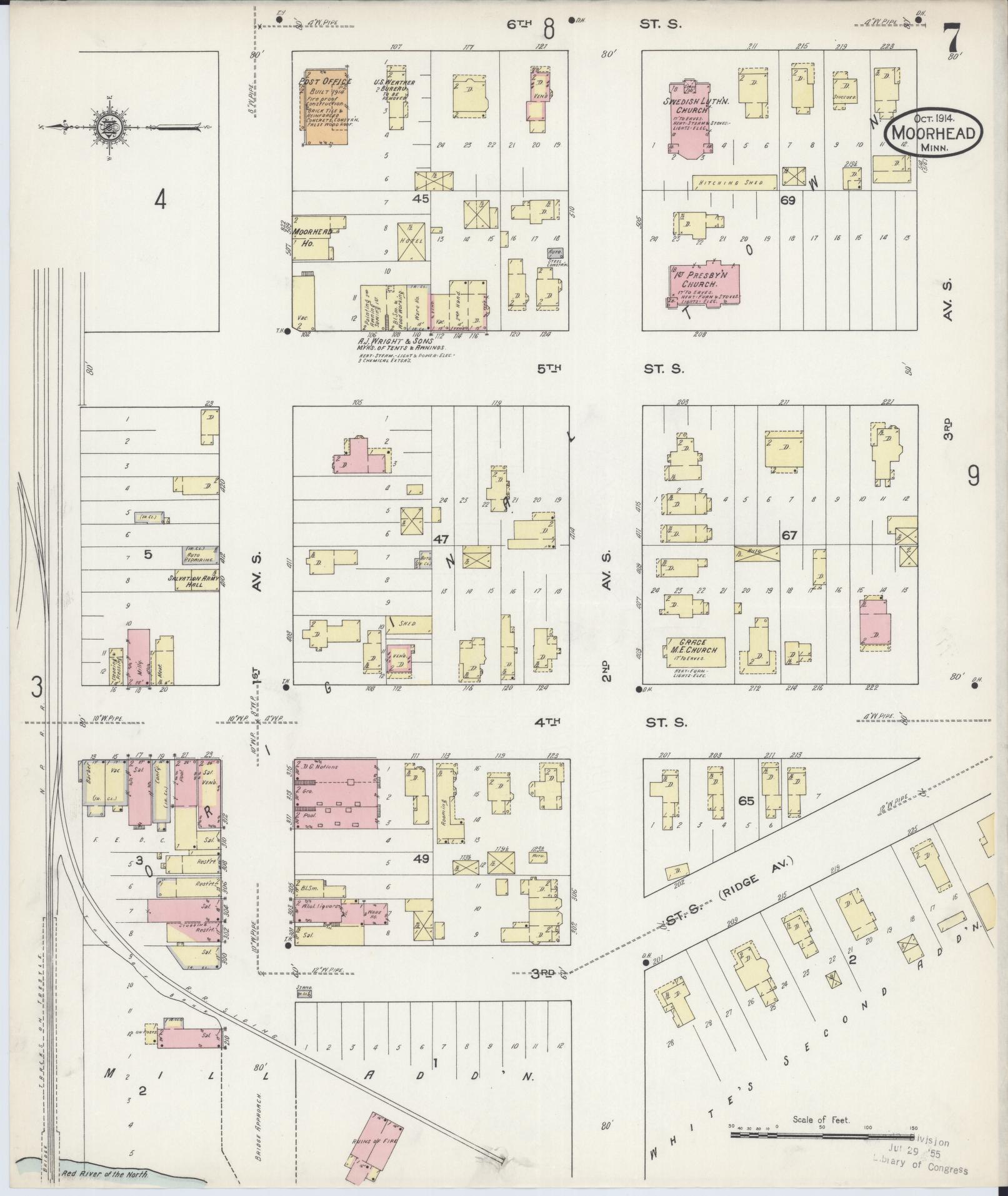 Sanborn Fire Insurance Map from Moorhead, Clay County, Minnesota (1914), Sheet #0007 - Historic Sanborn Fire Insurance Map Print, vintage old map wall art, antique decor, genealogy gift, Minnesota Minnesota map