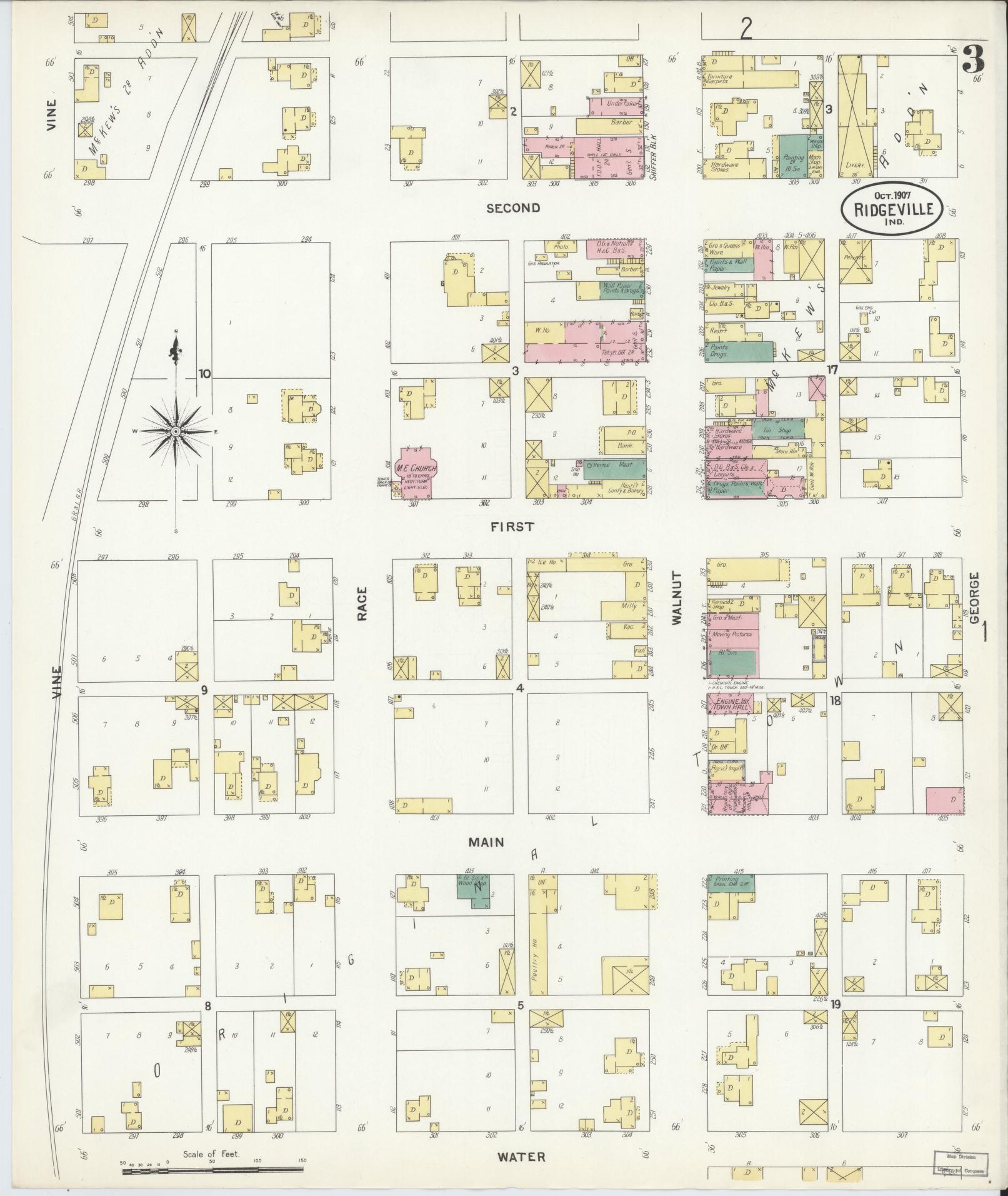 Sanborn Fire Insurance Map from Ridgeville, Randolph County, Indiana (1907), Sheet #0003 - Complete Map Set gallery image, historic Sanborn map, vintage wall art, Indiana Indiana