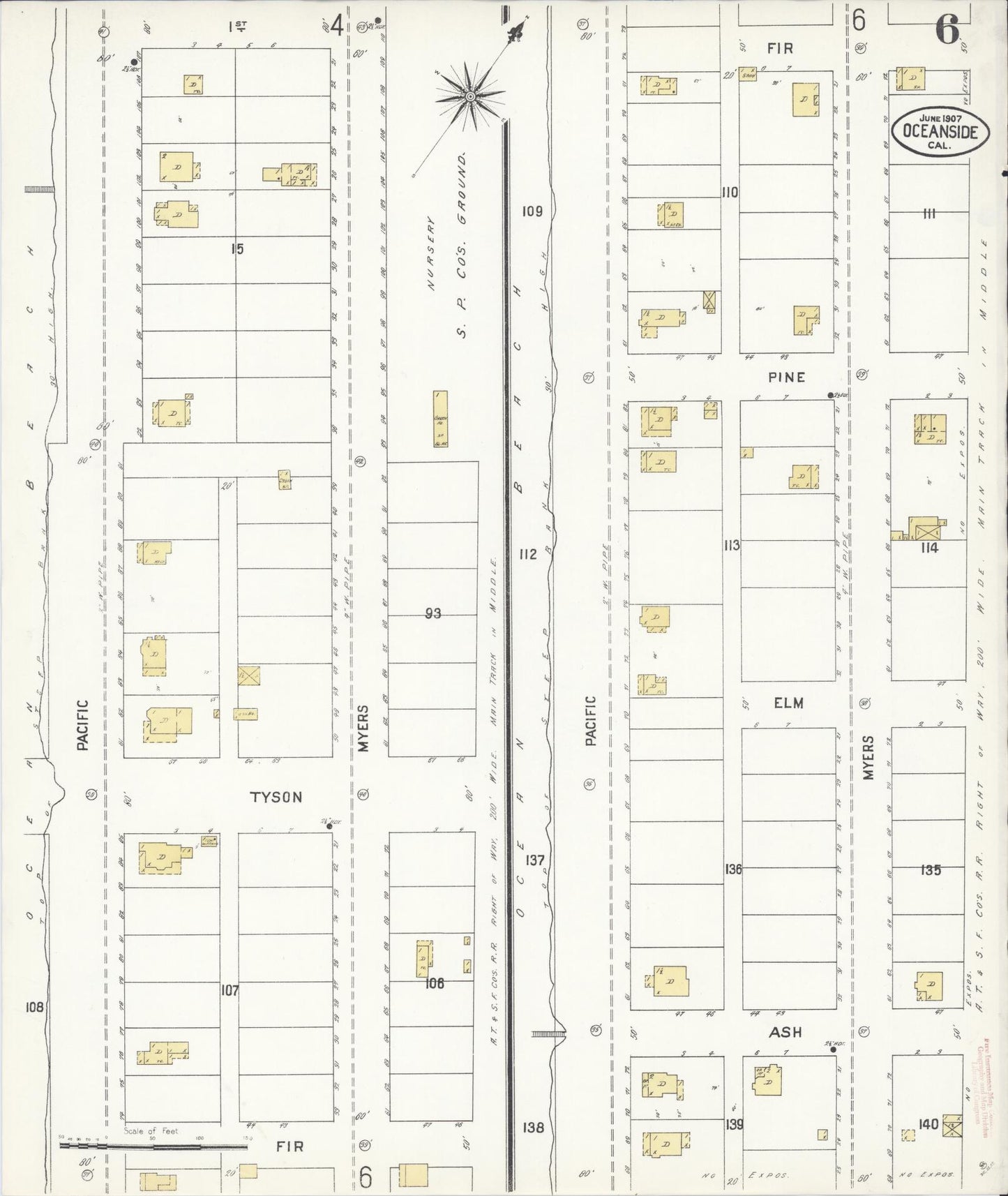 Sanborn Fire Insurance Map from Oceanside, San Diego County, California (1907), Sheet #0006 - Historic Sanborn Fire Insurance Map Print, vintage old map wall art, antique decor, genealogy gift, California California map