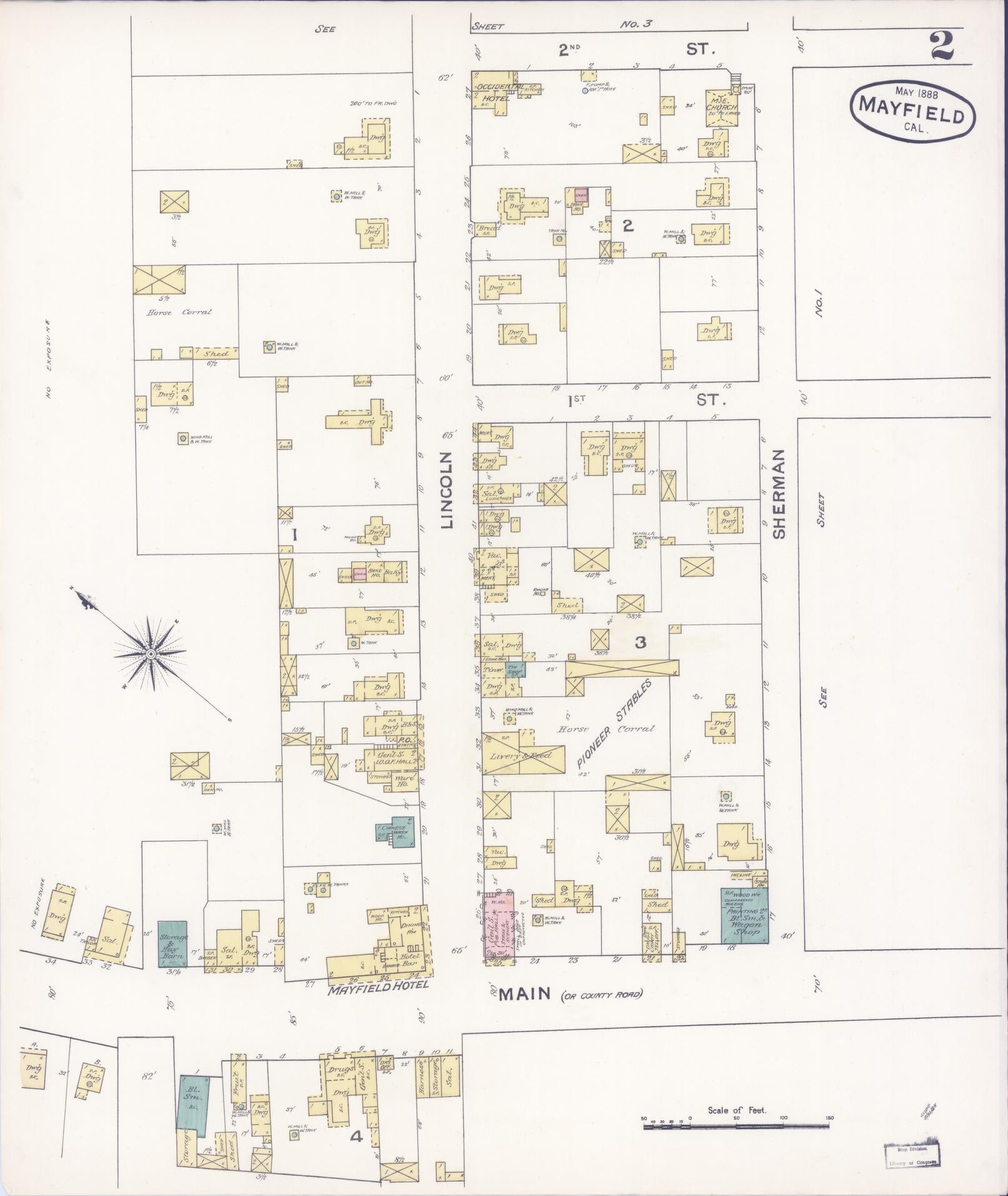 Sanborn Fire Insurance Map from Mayfield, Santa Clara County, California (1888), Sheet #0002 - Historic Sanborn Fire Insurance Map Print, vintage old map wall art, antique decor, genealogy gift, California California map