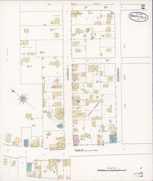 Sanborn Fire Insurance Map from Mayfield, Santa Clara County, California (1888), Sheet #0002 - Historic Sanborn Fire Insurance Map Print, vintage old map wall art, antique decor, genealogy gift, California California map